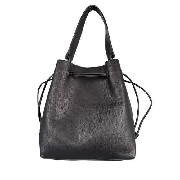 Pebbled‎ Vegan Leather Drawstring Detachable Strap Bucket Bag Black - Picture 1 of 8